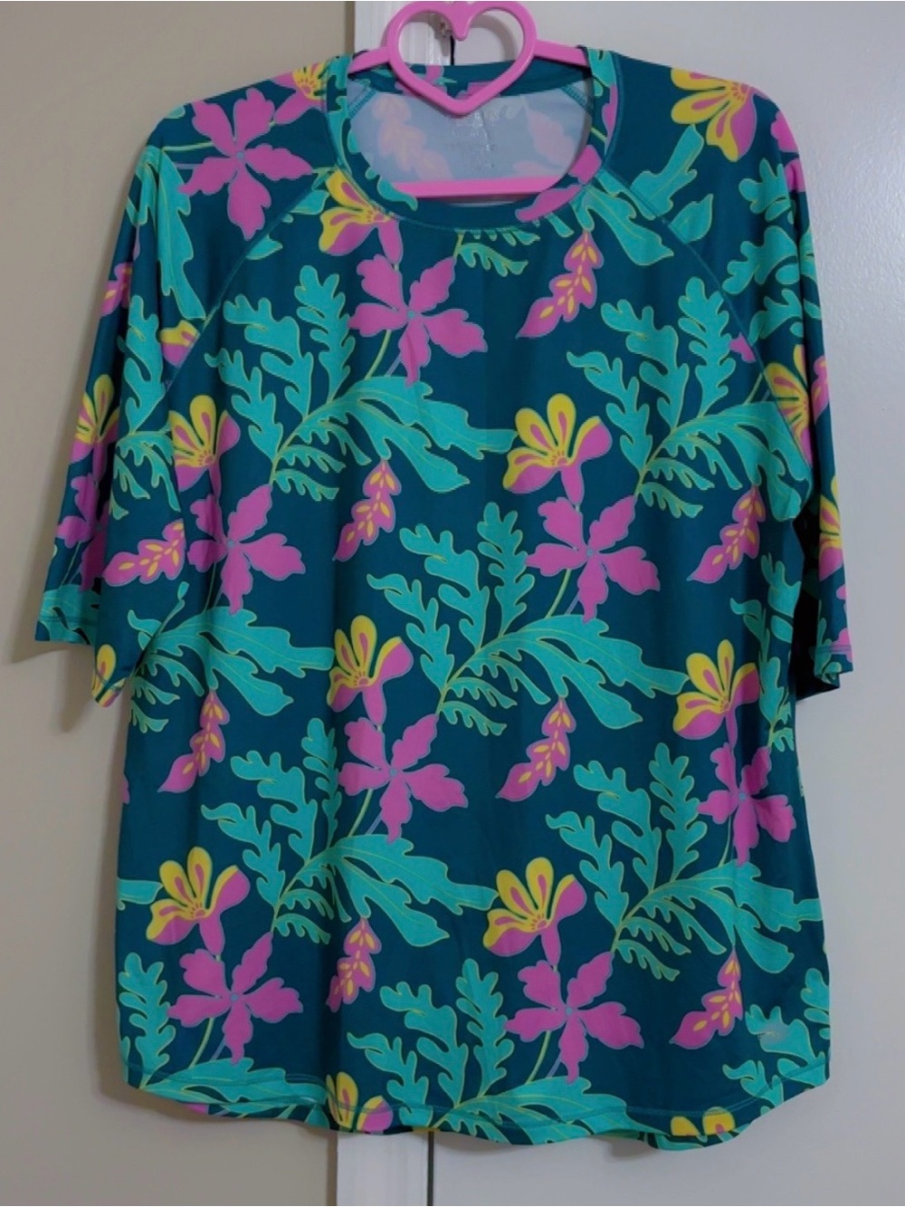 Reel Legends Teal Floral Short-Sleeve Top with Pink & Yellow Accents